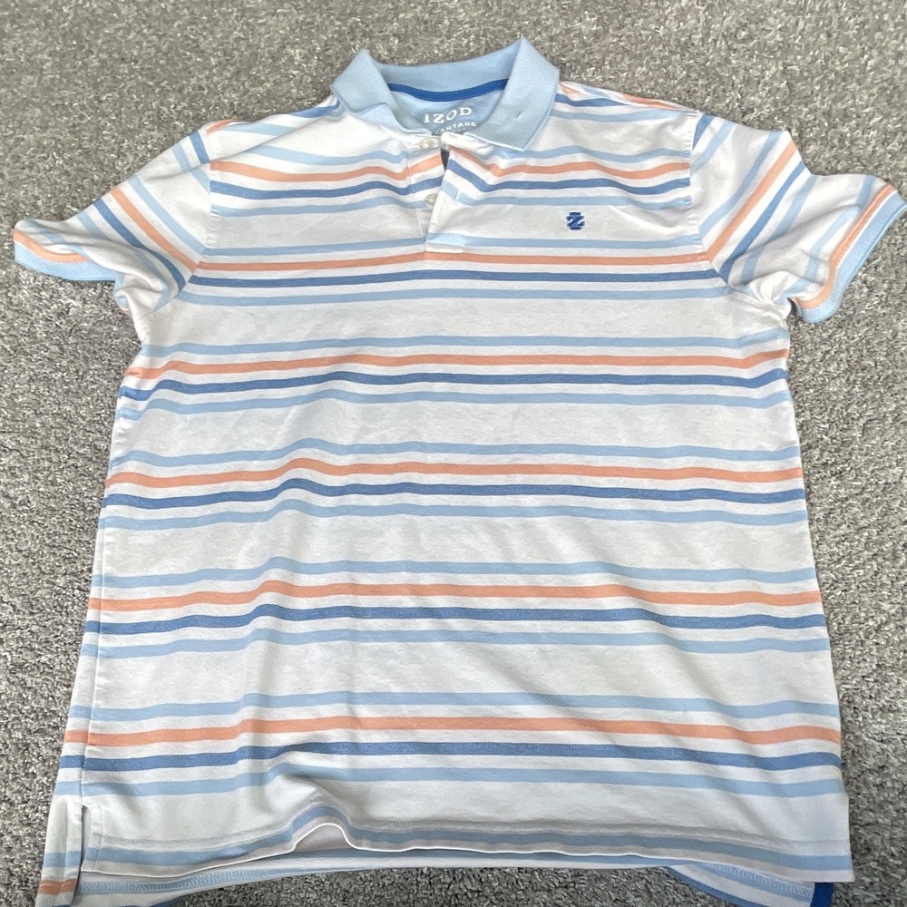 IZOD Advantage Men's L Polo Blue White Orange Striped Short Sleeve Stretch